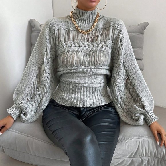 . Sweaters - Grey Casual Womens Mock Neck Cable Knit Lantern Sleeve Ripped Sweater